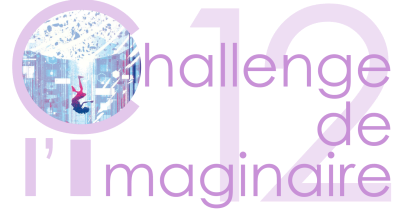 Image avec "Challenge de l'imaginaire" écrit en surimpression du chiffre "12"
Dans la lettre C, une silhouette semble tomber la tête vers le bas d'un plafond d’amas lumineux.Tons pastels