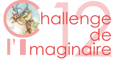 Il est écrit "Challenge de l'imaginaire" en rouge avec le nombre "12" en arrière plan, dans une teinte plus claire.
Dans le "C" de Challenge, se trouve un garçon habillé chaudement chevauchant un animal entre le cerf et le mouflon.