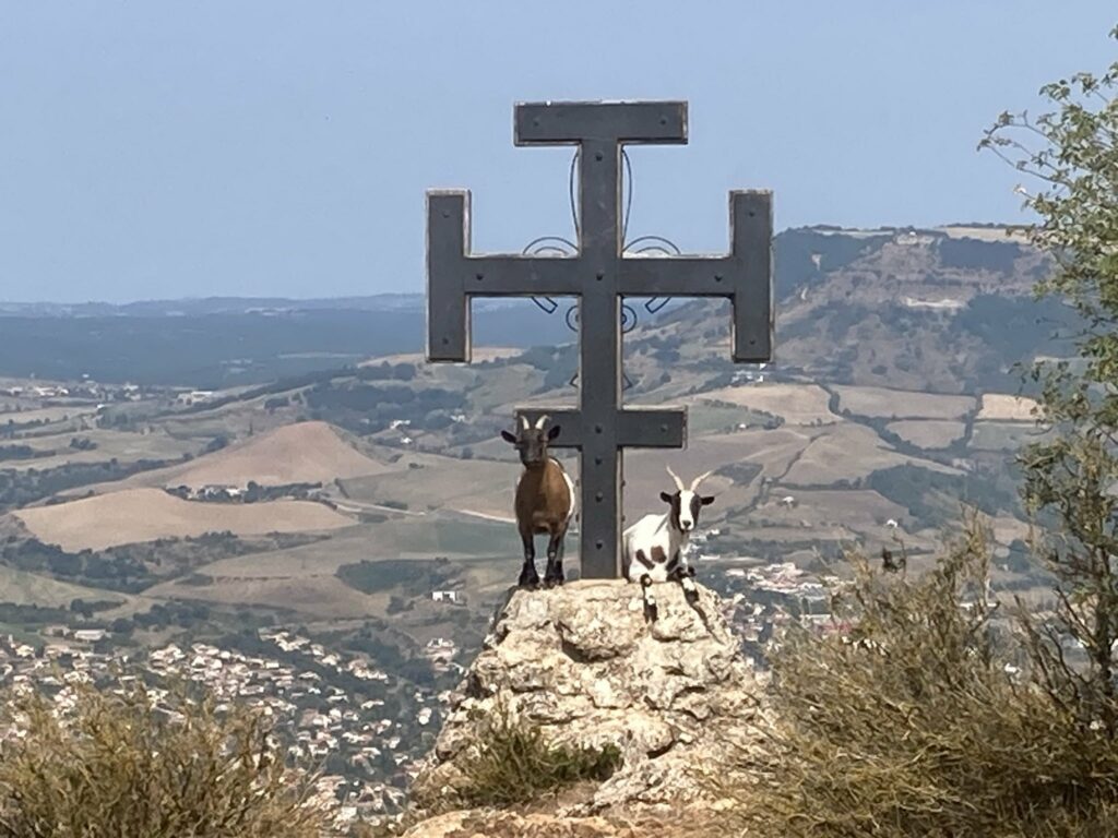 Photo de deux chèvres sur la base d'une croix en fer au bord de la falaise