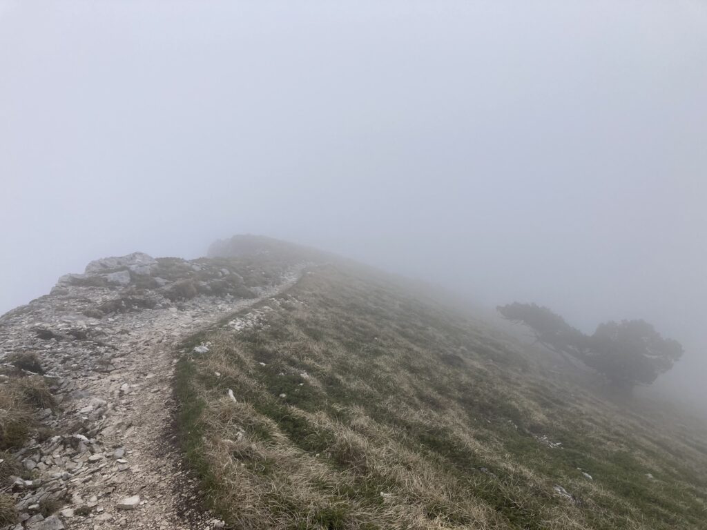 Photo d'un sentier montagneux s'enfonçant dans la brume